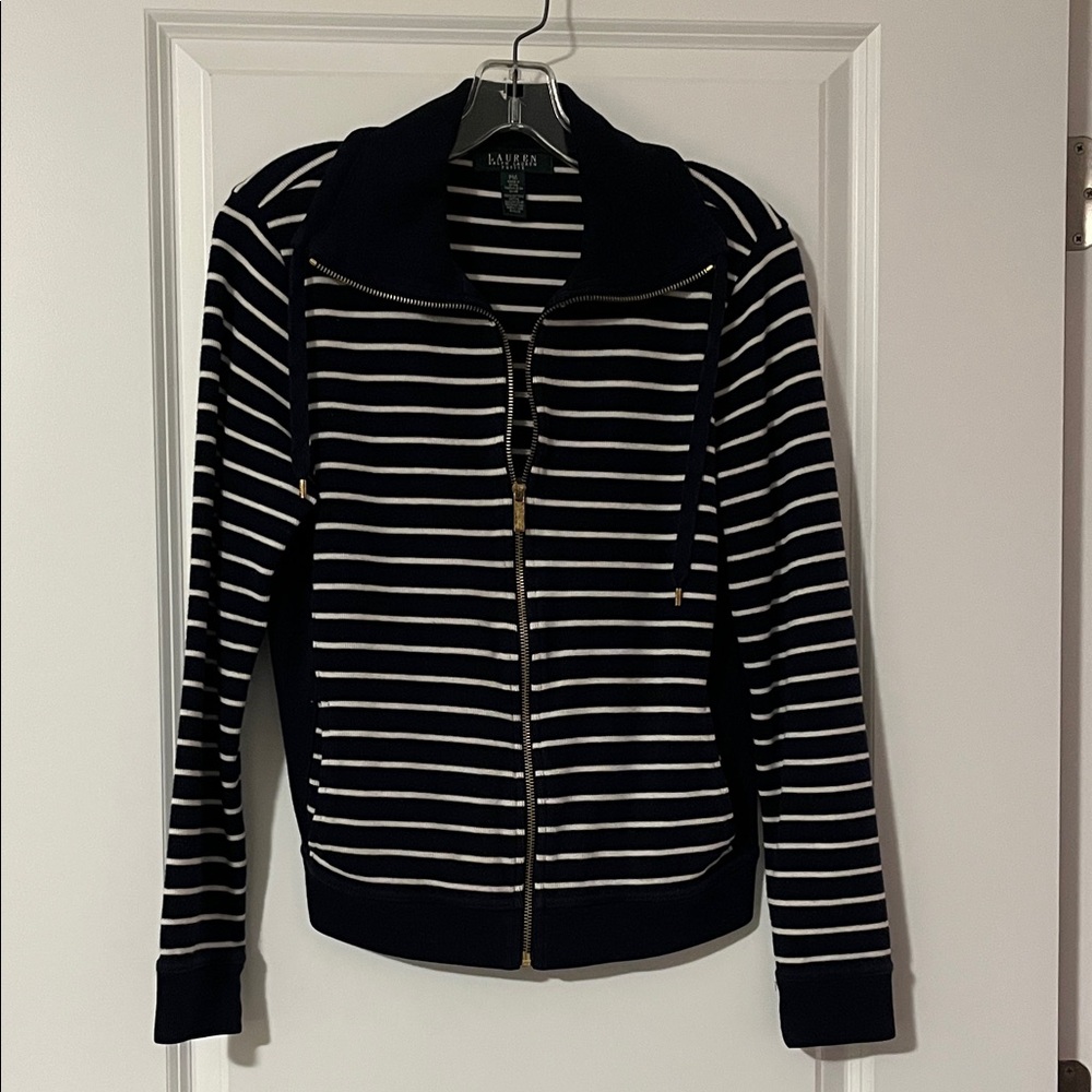 RL Petite Women's Navy and White Striped Front Zip Sweater